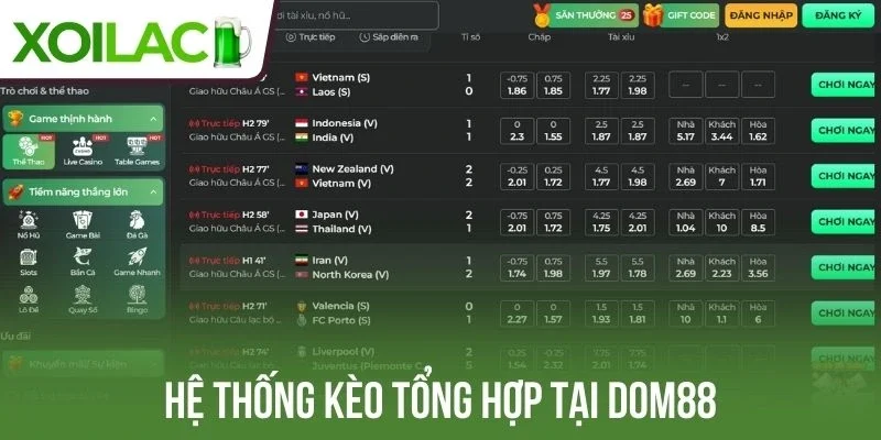 Hệ thống kèo tổng hợp tại Dom88